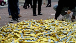 Wes Welker Mocked With Pile Of Butterfinger Candy Bars In Boston Town Square